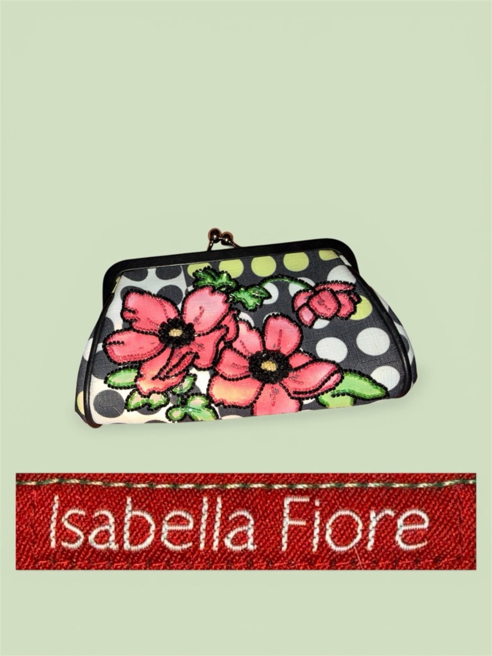Isabella Fiore Beaded Kisslock Pink Floral Black + White Polka Dot Clutch Wallet